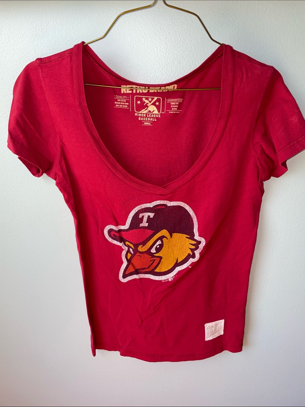 Original Retro Brand Women's Red V-Neck Toledo Mud hens Graphic Tee